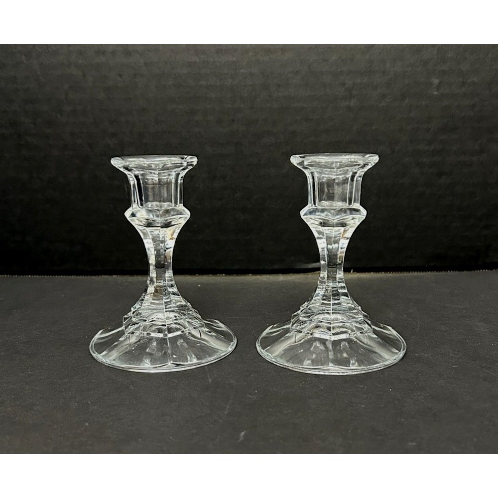 Vtg Pair of Candlesticks Clear Glass Faceted Taper Candle Holder‎ Tablescape 4"